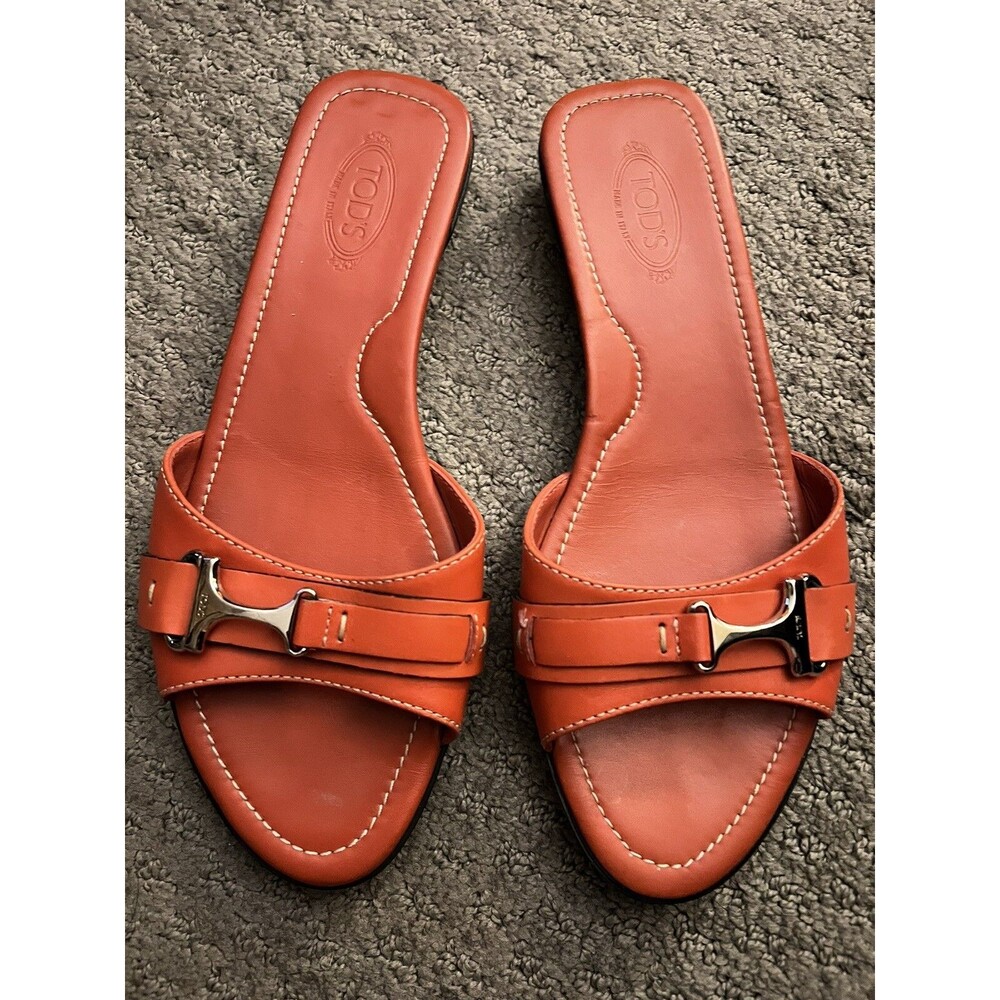 Tod's Shoes | Tods  Red  Leather Flat Slides W/ Silver Buckle Sz 7 EUC